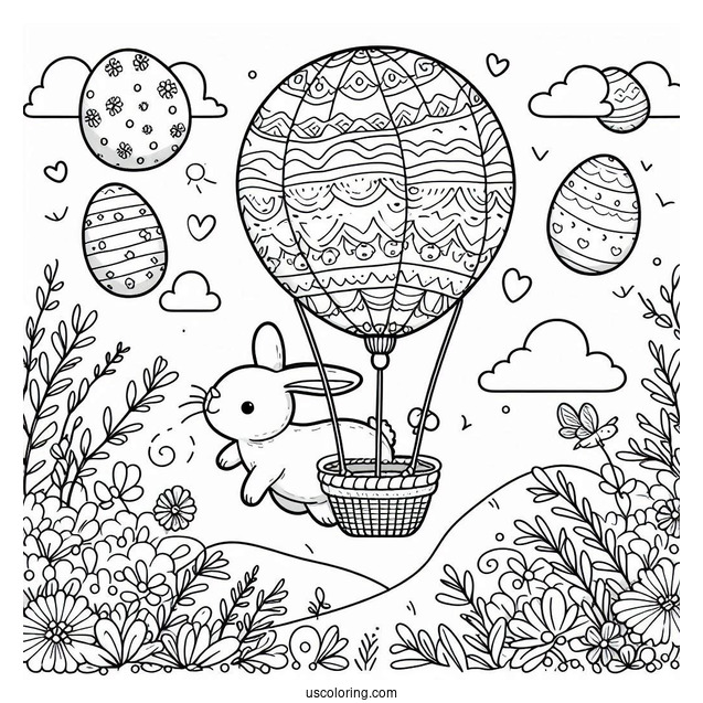 Easter Coloring Page Of Rabbit Flying In An Easter Egg Hot Air Balloon