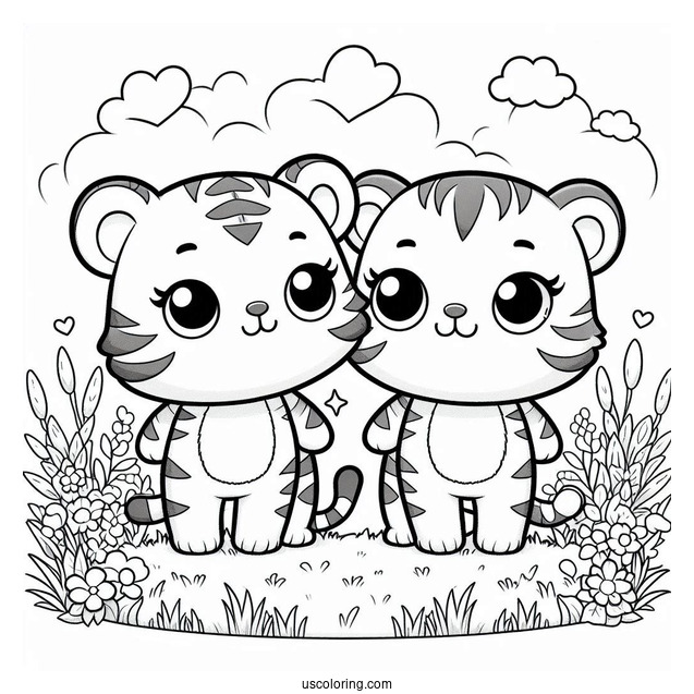 Two Cute Kawaii Tigers Standing On Grass