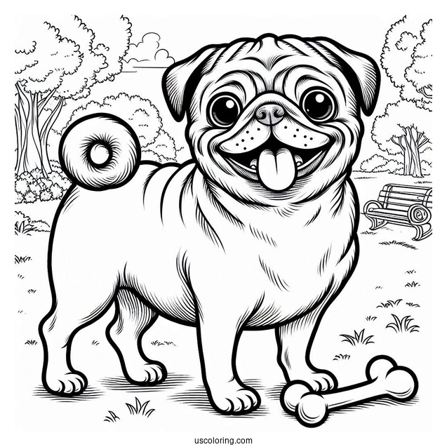 Pug In a Park With Bone To Color