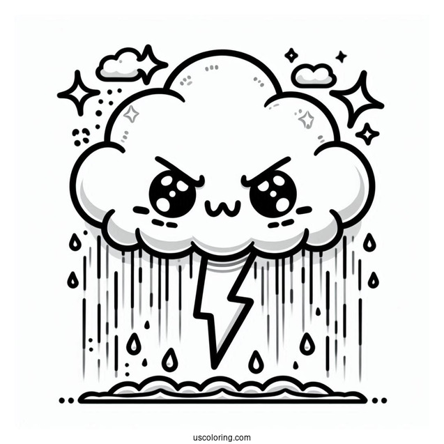 Angry Cloud With Rain Coloring Page And Lightning For Kids