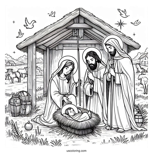 Nativity Coloring Page Of Three Magis Visiting Newborn Jesus In The Manger
