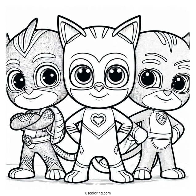 PJ Masks Coloring Page Of Gekko, Owlette, And Catboy Poster