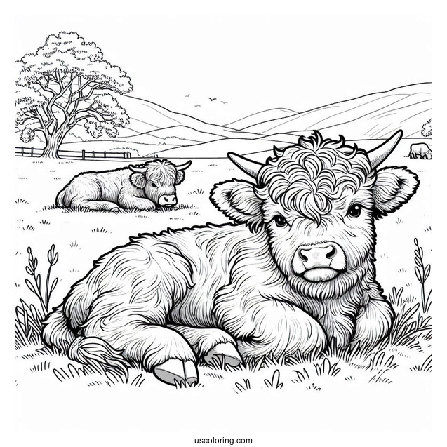 Baby Highland Cow Resting In Field Coloring In