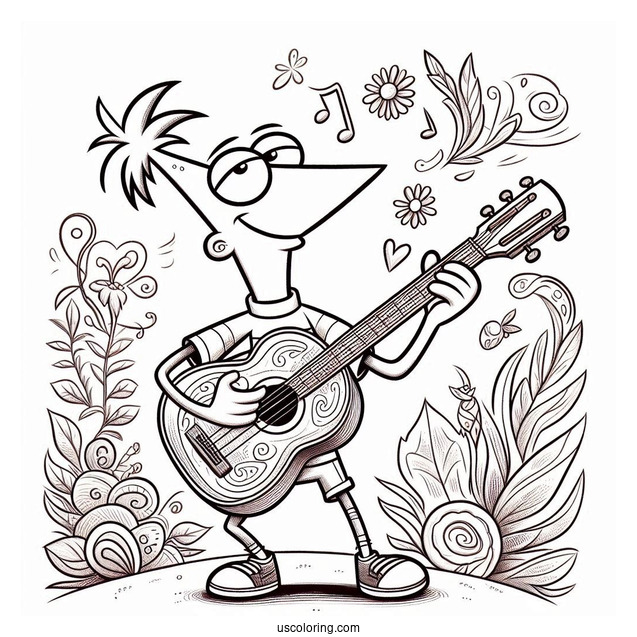 Ferb Phineas And Ferb Coloring Page Playing The Guitar