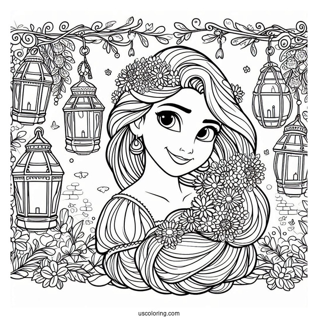 Tangled Princess Coloring Page Of Rapunzel With Lanterns In Background