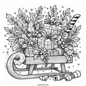Christmas Coloring Pages For Adults Of Christmas Sled Filled With Hollies, Presents, And Mistletoes