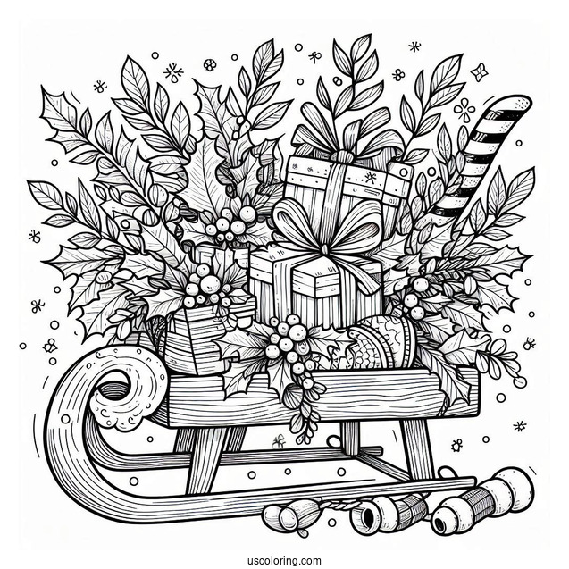 Christmas Coloring Pages For Adults Of Christmas Sled Filled With Hollies, Presents, And Mistletoes