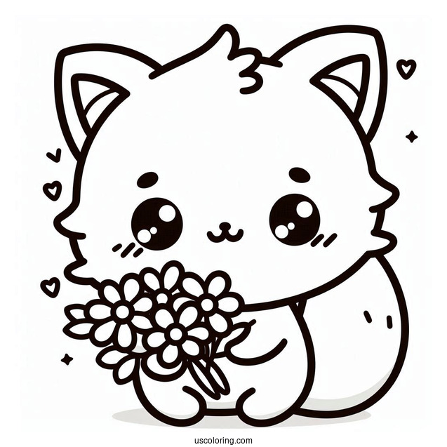 Kawaii Cat Holding A Flower Bouquet Coloring Sheet