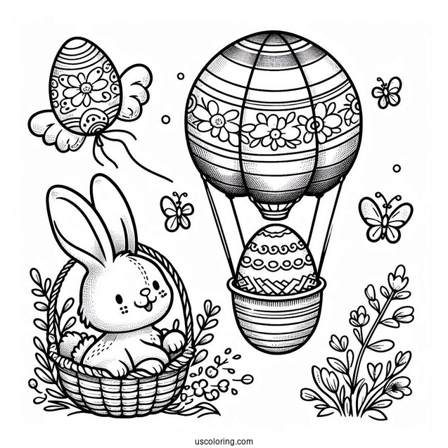 Easter Coloring Page Of Rabbit Flying In An Easter Egg Hot Air Balloon