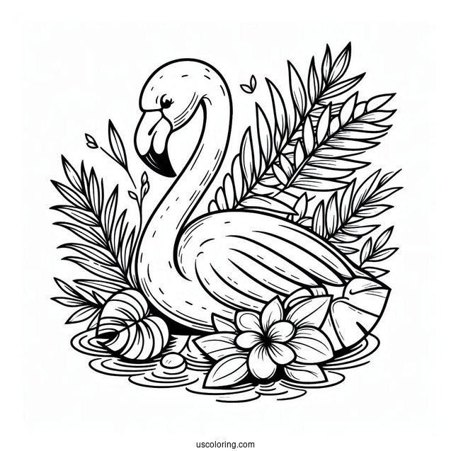 Summer Themed Flamingo With Tropical Leaves