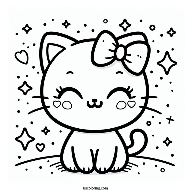 Kawaii Cat With Bow Coloring Page For Preschoolers