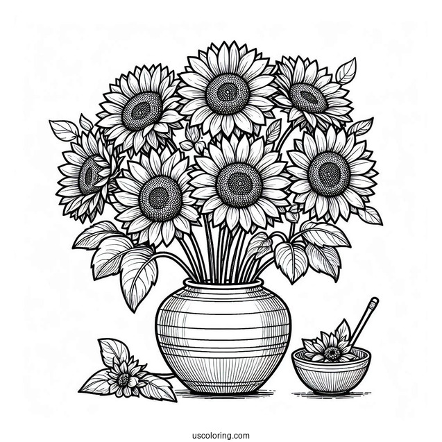 Several Sunflowers In Vase Coloring Sheet