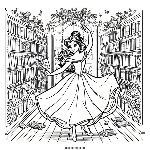 Coloring Page Of Belle Dancing In Book Store