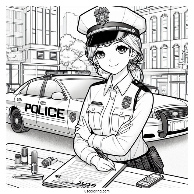 Police Woman In Front Of Police Station To Color