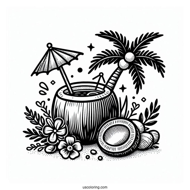Coconut Coloring Page Piña Colada With Flower And Mini Umbrella