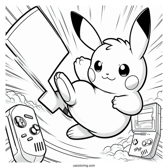 Raichu Coloring Page Kicking Air With Game Boy In Background