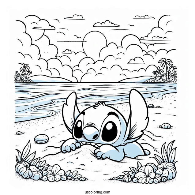 Stitch Burying Himself In The Sand At The Beach