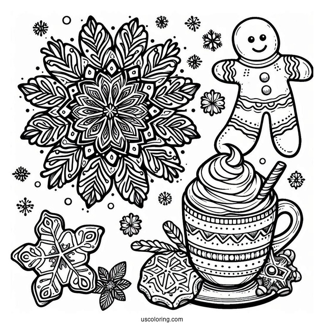 Snowflake Coloring Page With Hot Cocoa And Gingerbread Man