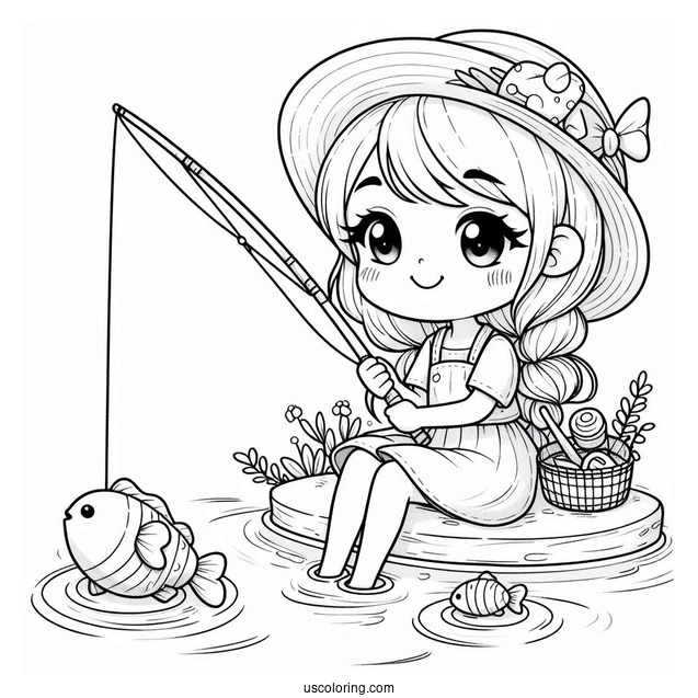 Little Girl Fishing Coloring Page For Kids
