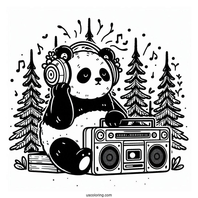 Retro Forest Panda Coloring Page Listening to Boombox