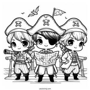 Three Chibi Pirate Coloring Page On Deck With A Map And A Telescope