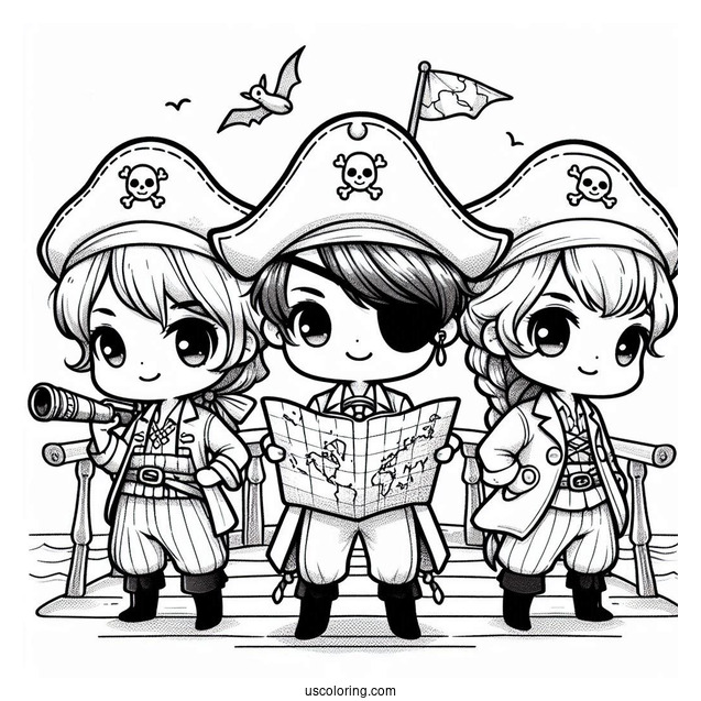 Three Chibi Pirate Coloring Page On Deck With A Map And A Telescope