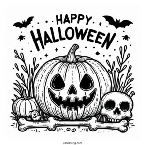 Pumpkin Coloring Page With Happy Halloween In Bones To Color