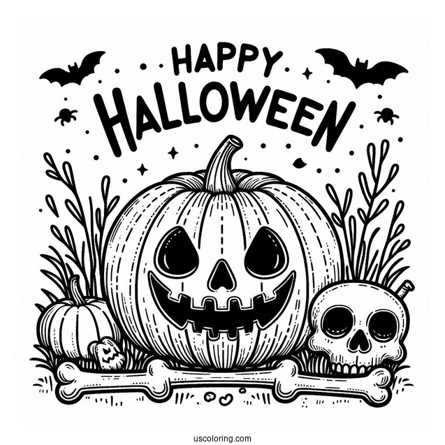Pumpkin Coloring Page With Happy Halloween In Bones To Color