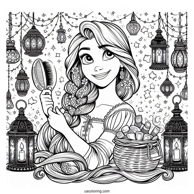 Rapunzel Brushing Hair With Lanterns In The Background