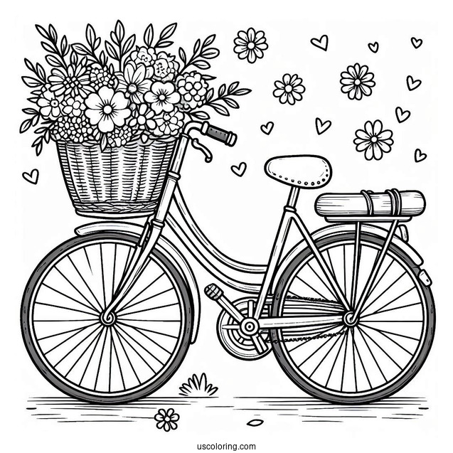 Cute Bicycle Coloring Page With Basket Full Of Flowers For Kids