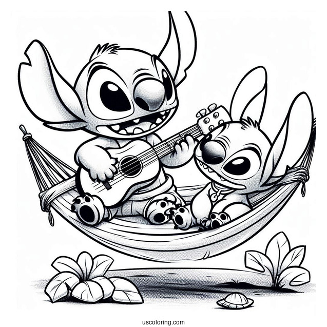 Lilo And Stitch Playing Guitar On a Hammock Coloring Page