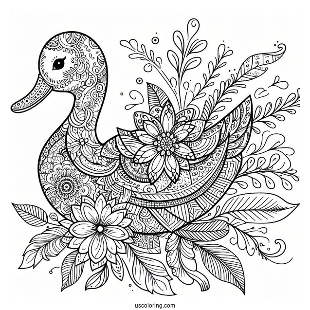 Intricate Duck Mandala with Floral Patterns Coloring Page For Adults