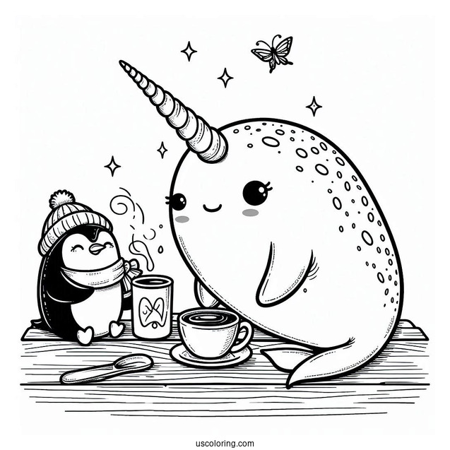 Narwhal Coloring Page Having Coffee With A Penguin
