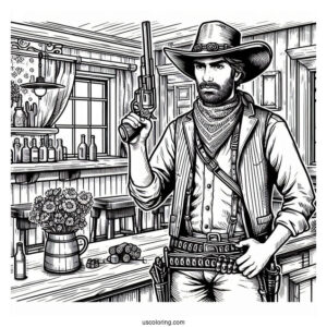 Realistic Cowboy Coloring Page With Gun In Saloon