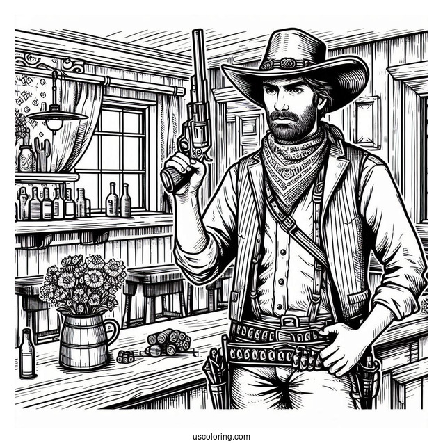 Realistic Cowboy Coloring Page With Gun In Saloon
