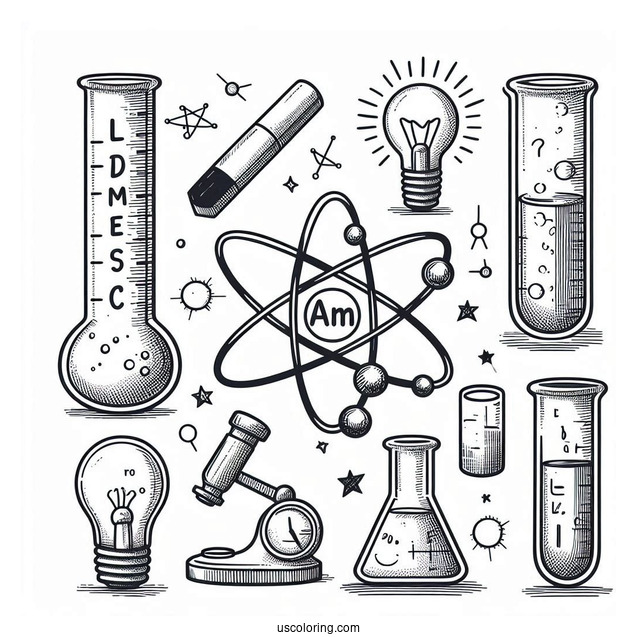 Science Coloring Page Of Elements Atom, Magnet, Test Tubes, Beaker, Light Bulb, And Magnifying Glass