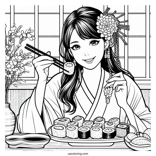 Japanese Women Eating Sushi Coloring Pages