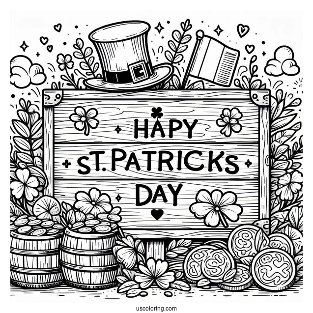 St. Patrick's Day Coloring Page Of St Patrick s Day Wooden Sign With Leprechaun Hat, Shamrocks, Irish Flag, And Gold Coins