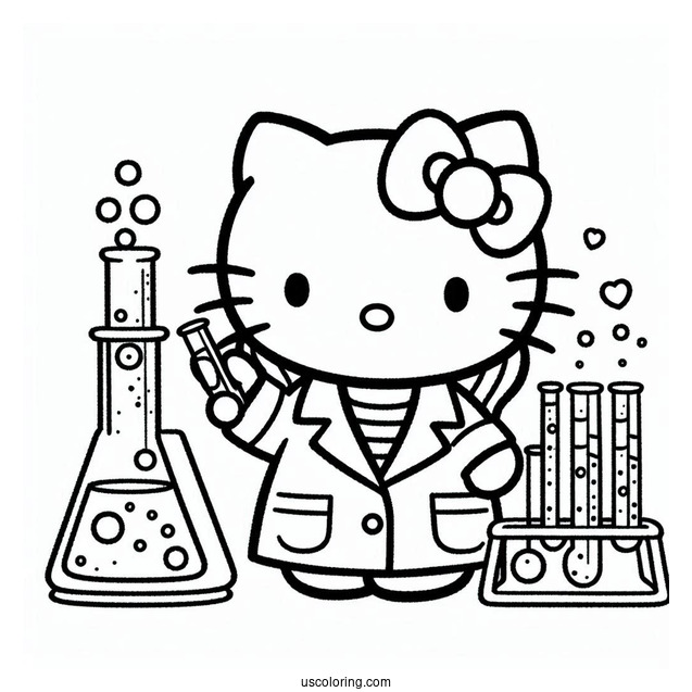 Science Coloring Page Of Hello Kitty In Laboratory Coat Holding A Flask And Test Tube For Kids