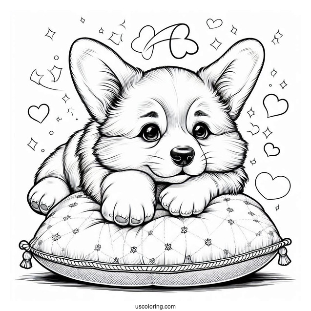 Corgi Coloring Page Sending Flying Kiss While Lying On Cushion