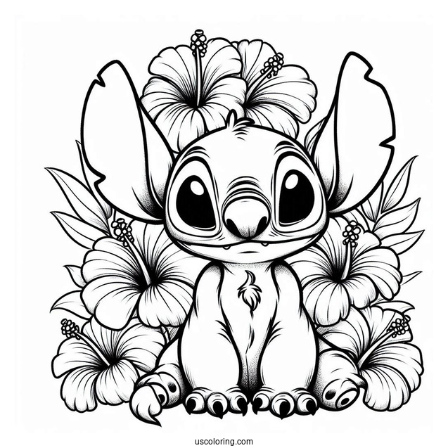 Scary Stitch With Hibiscus Flowers Coloring Page