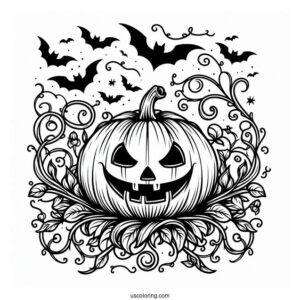 Pumpkin Coloring Page Of Spooky Jack O Lantern With Vines And Bats