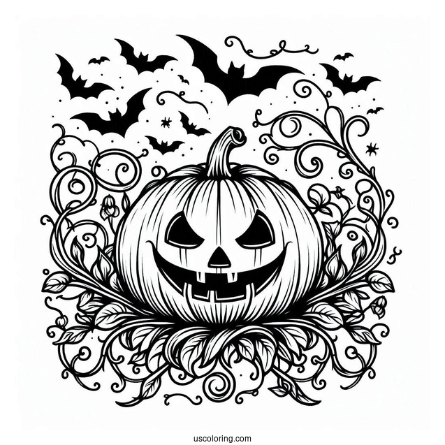 Pumpkin Coloring Page Of Spooky Jack O Lantern With Vines And Bats