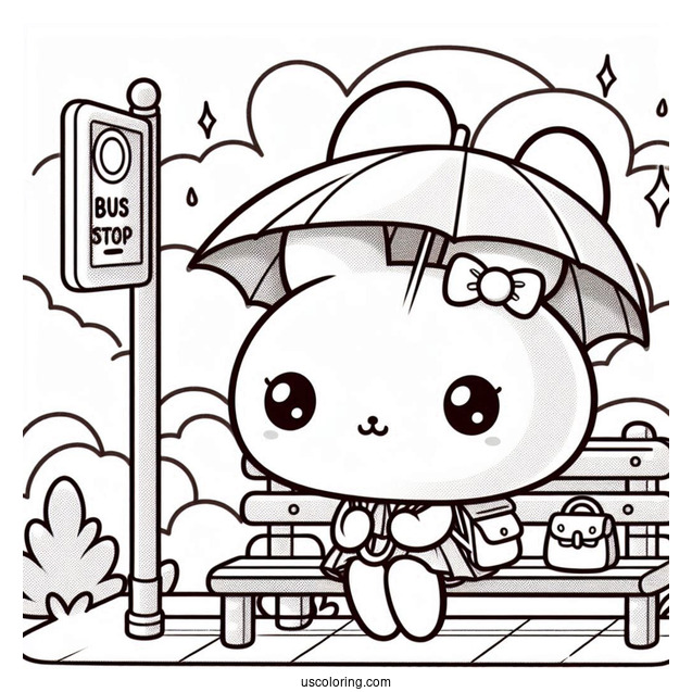 Pochacco Coloring Page Waiting At Bus Stop With Umbrella