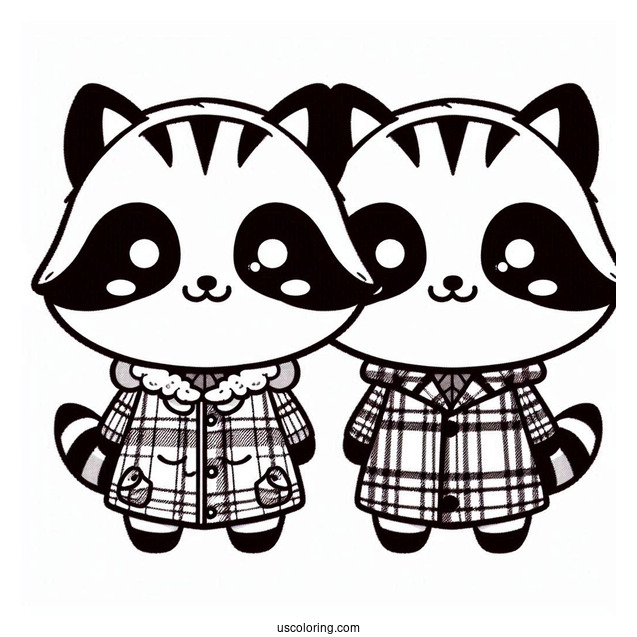 Kawaii Raccoon In A Plaid Jacket Coloring Sheet
