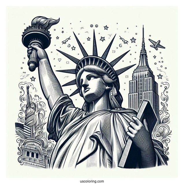 Vintage Statue Of Liberty With New York Coloring Page