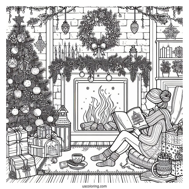 Christmas Coloring Pages For Adults Of Woman Sitting Beside The Fireplace With A Book On Christmas