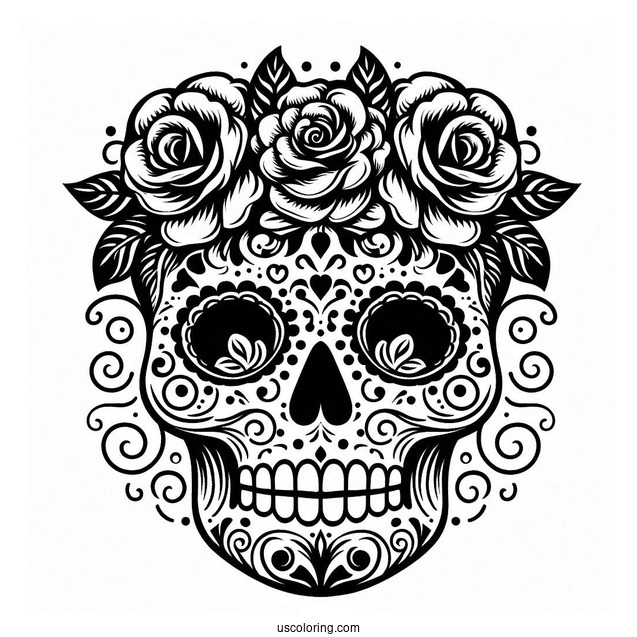 Easy Sugar Skulls Coloring Page Design With Roses On The Head