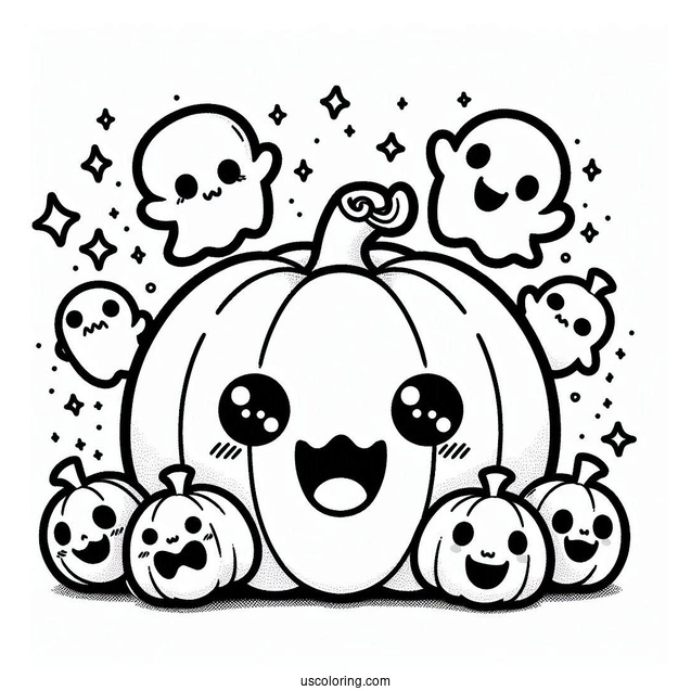 Pumpkin Coloring Page Of Chibi Ghosts Coming Out Of A Smiling Jack O Lantern