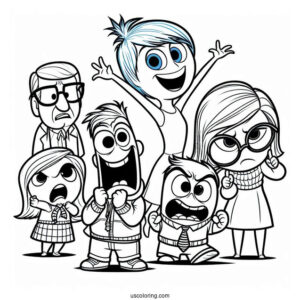 Pixar Coloring Page of Inside Out Joy, Anger, Fear, Sadness, Disgust
